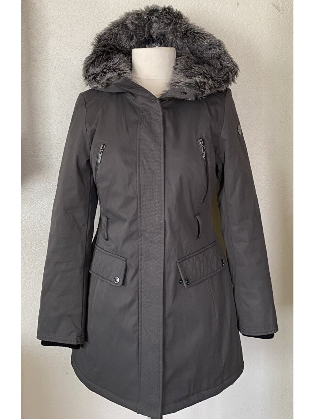 Kensie Faux Fur Trim Hooded Long Jacket Olive Green Coat Size S